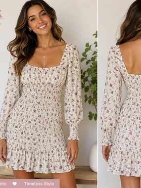 Missguided White/Pink Floral Smocked Milkmaid Mini Dress Women's Size 4
